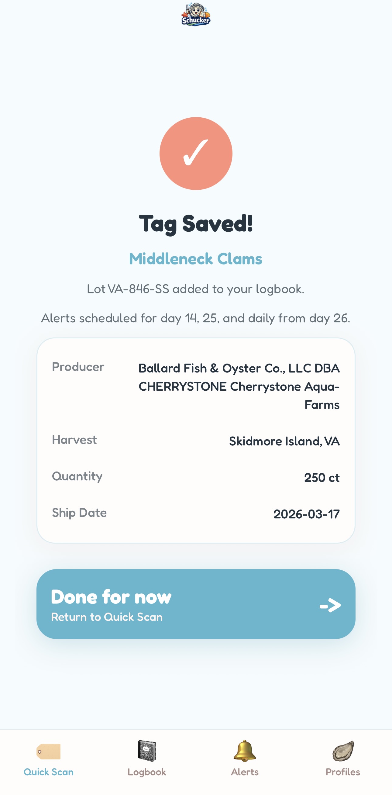 Shucker tag saved confirmation screen